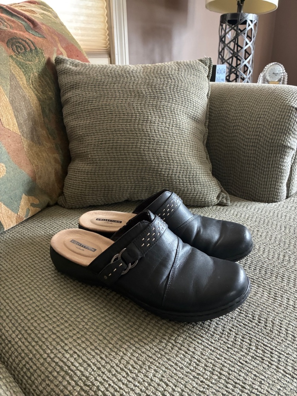 Clarks Black Leather Slip-On Mules Clogs